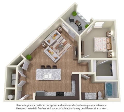Floor plan for 1 bed, 1 bath, 755 sqft